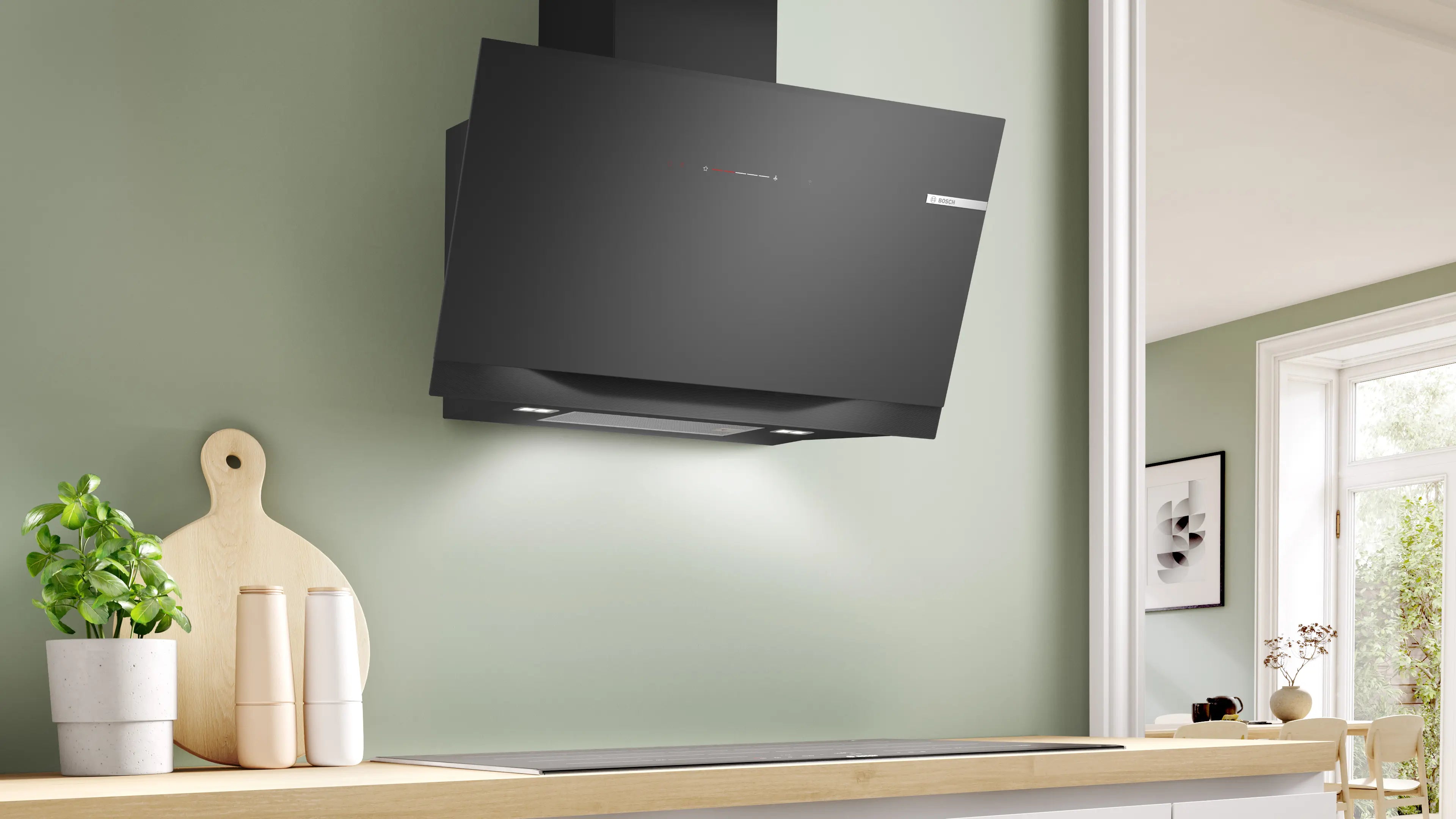 Bosch DWK91LT60 wall-mounted cooker hood in black printed glass, further view 3