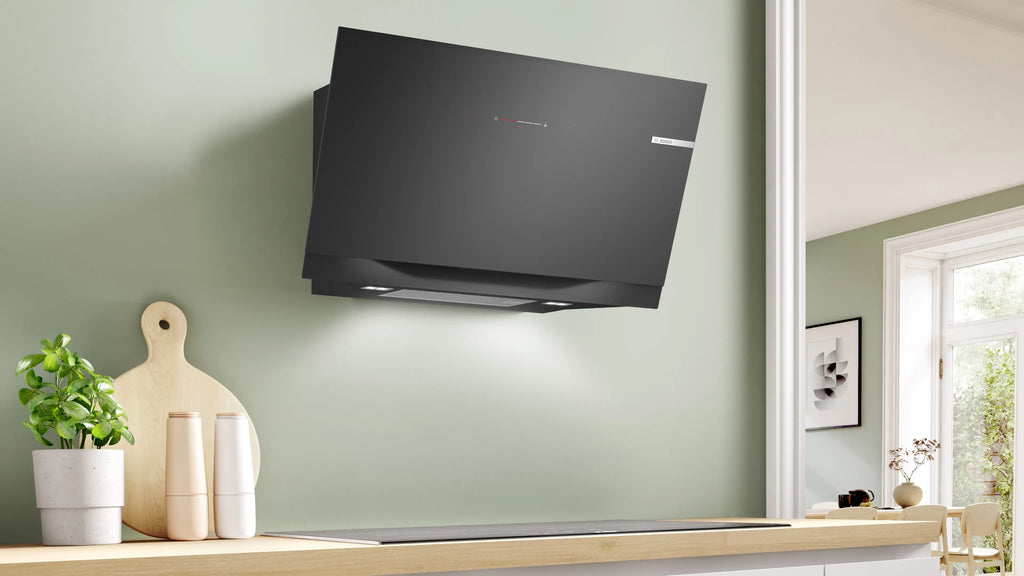 Bosch DWK91LT60 wall-mounted cooker hood in black printed glass, further view 4