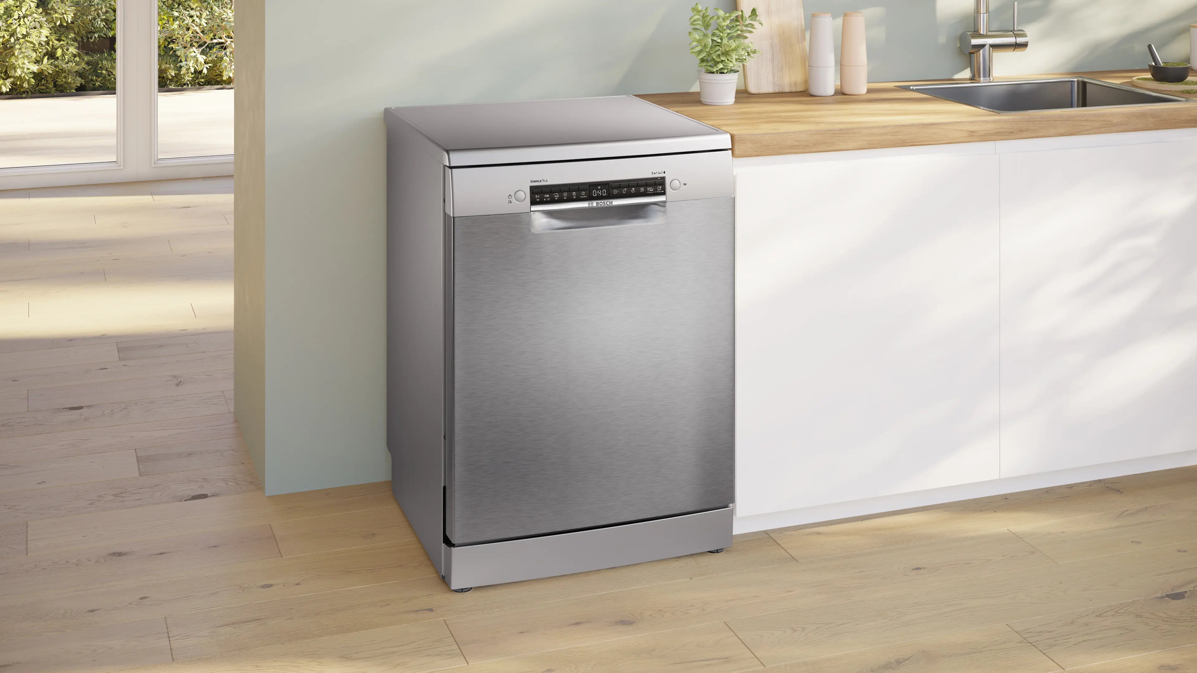 Bosch SMS4ECI26E free-standing dishwasher in brushed steel, further view 2