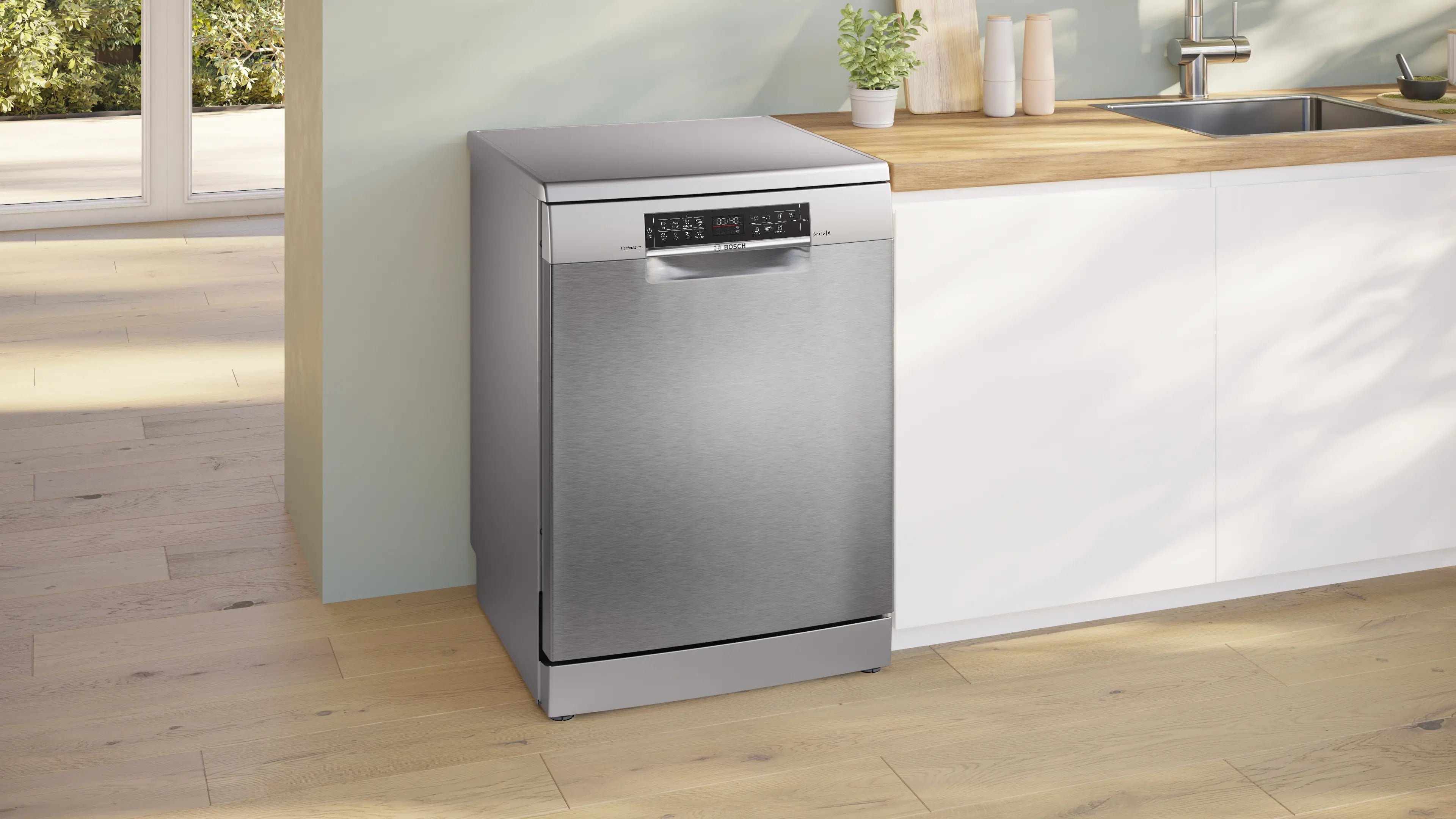 Bosch SMS6ZCI16E free-standing dishwasher in brushed steel, further view 2