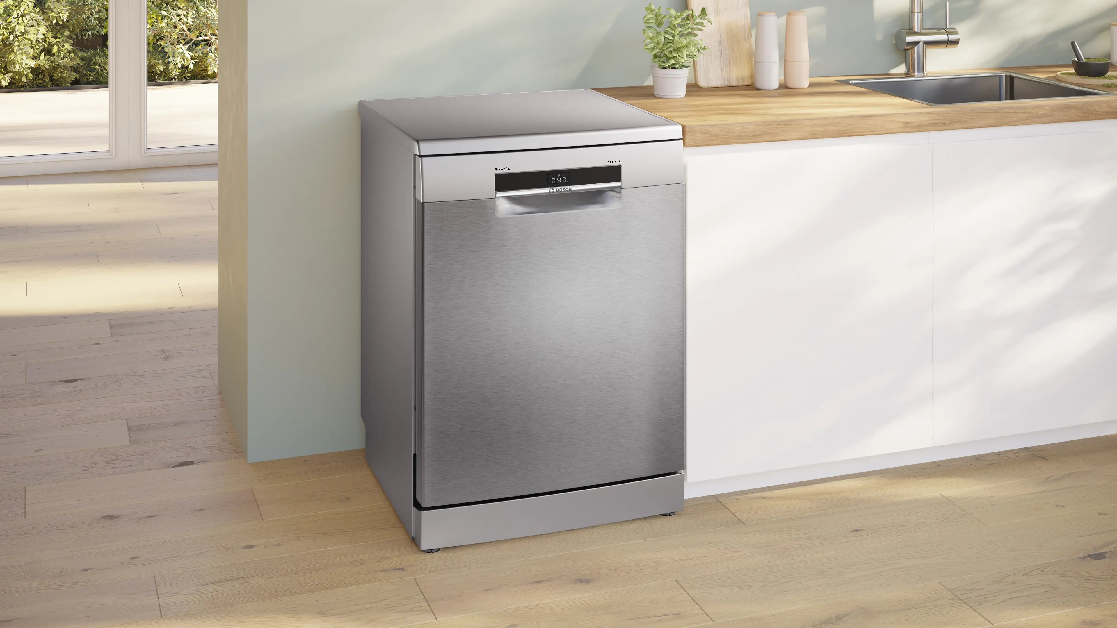 Bosch SMS6ECI11E free-standing dishwasher in brushed steel, further view 2