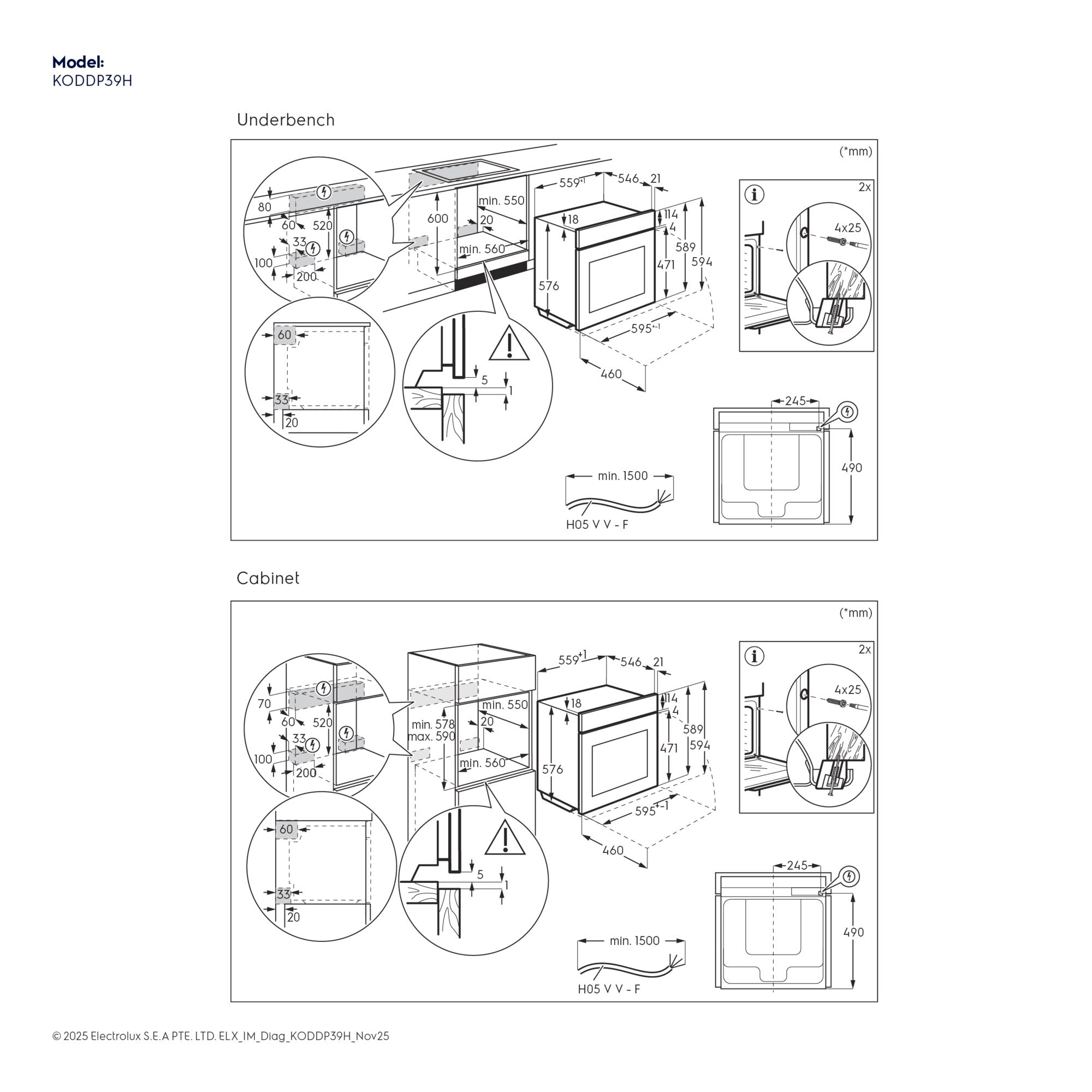 KODDP39H installation dimensions diagram, underbench and cabinet
