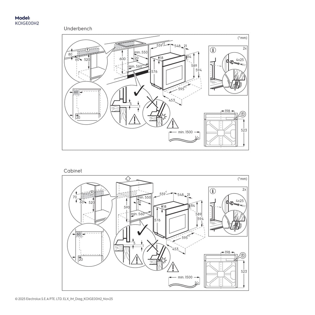 KOIGE00H2 installation dimensions diagram, underbench and cabinet