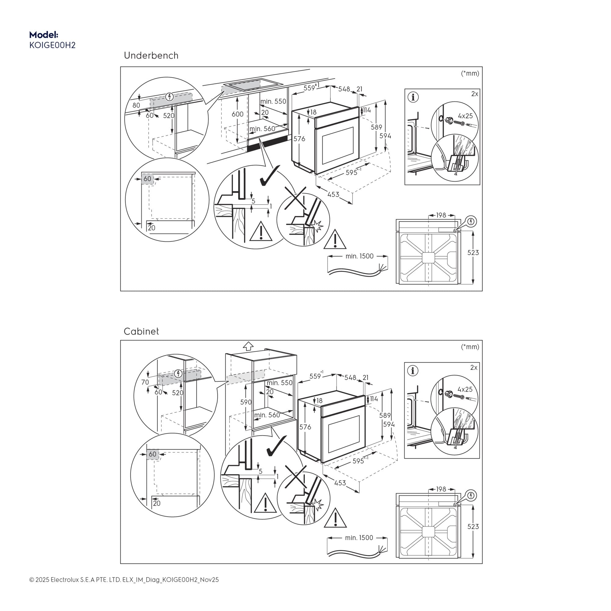 KOIGE00H2 installation dimensions diagram, underbench and cabinet