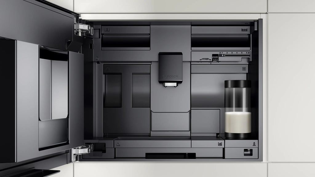 Bosch CTL7181B0 built-in coffee machine with the front opened for the bean container
