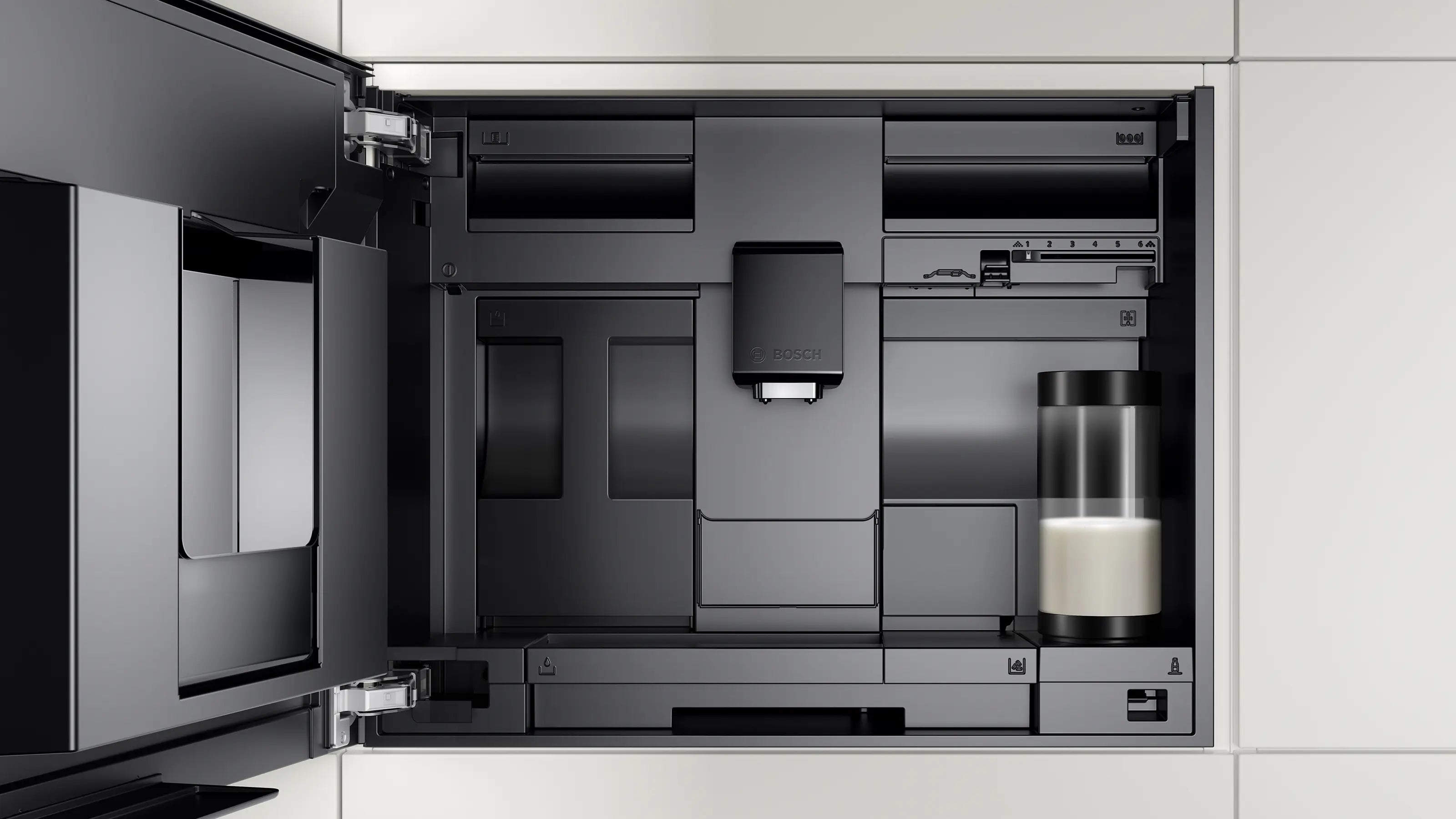 Bosch CTL7181B0 built-in coffee machine with the front opened for the bean container
