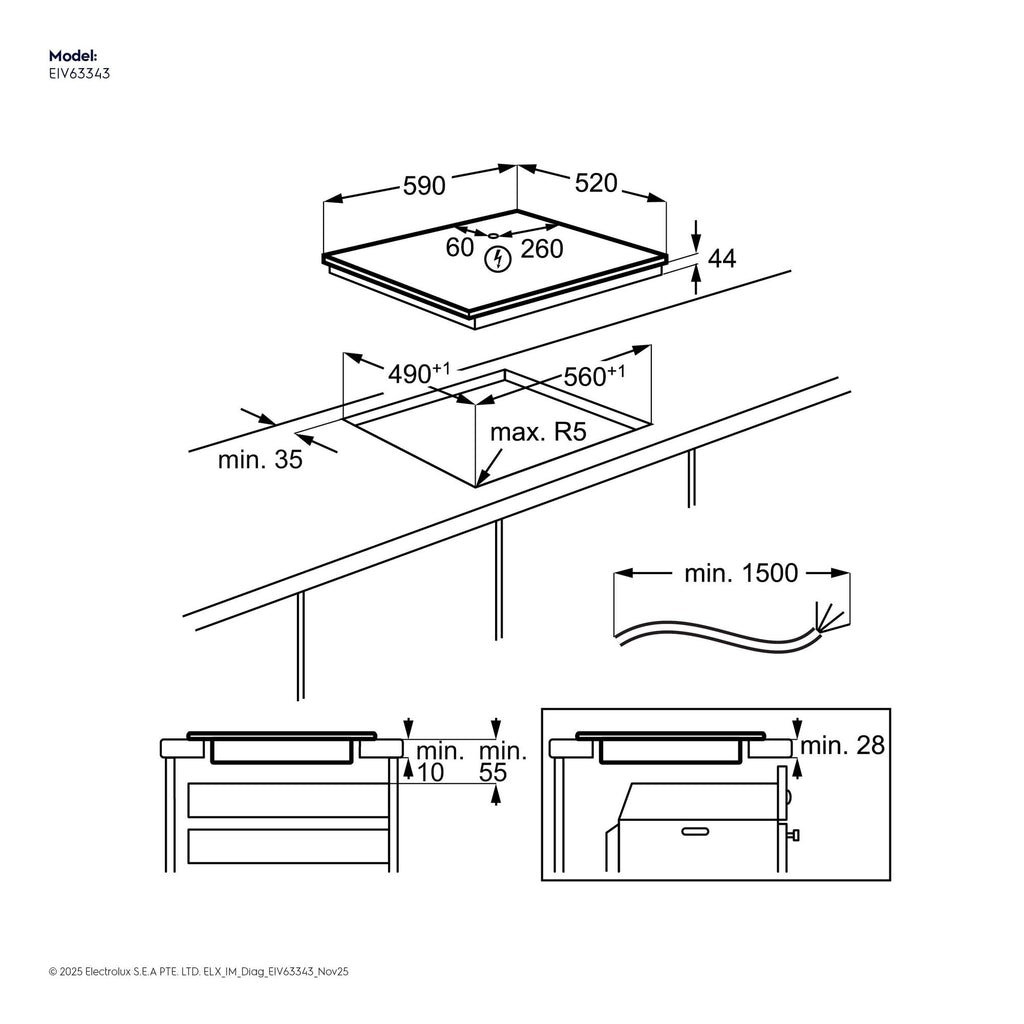 EIV63343 60cm 600 Series built-in induction hob with 3 cooking zones