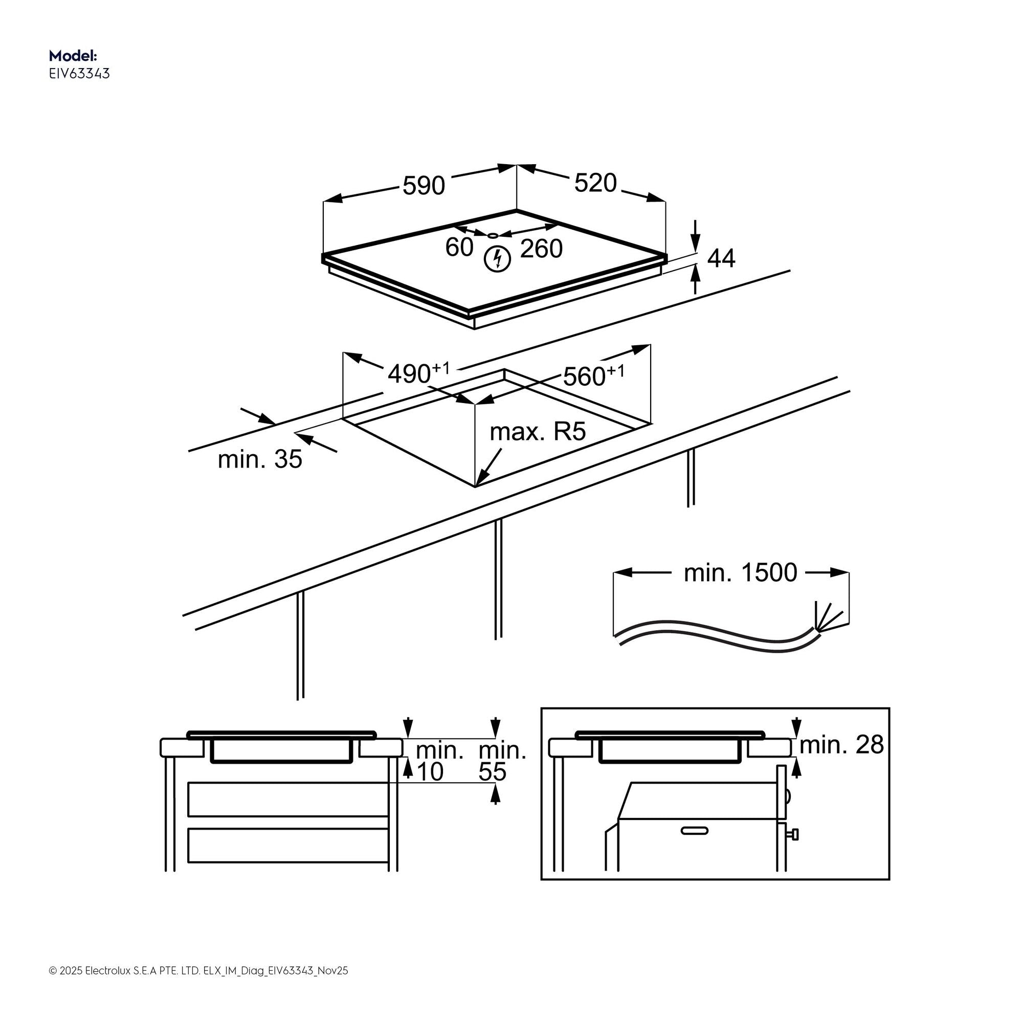 EIV63343 60cm 600 Series built-in induction hob with 3 cooking zones