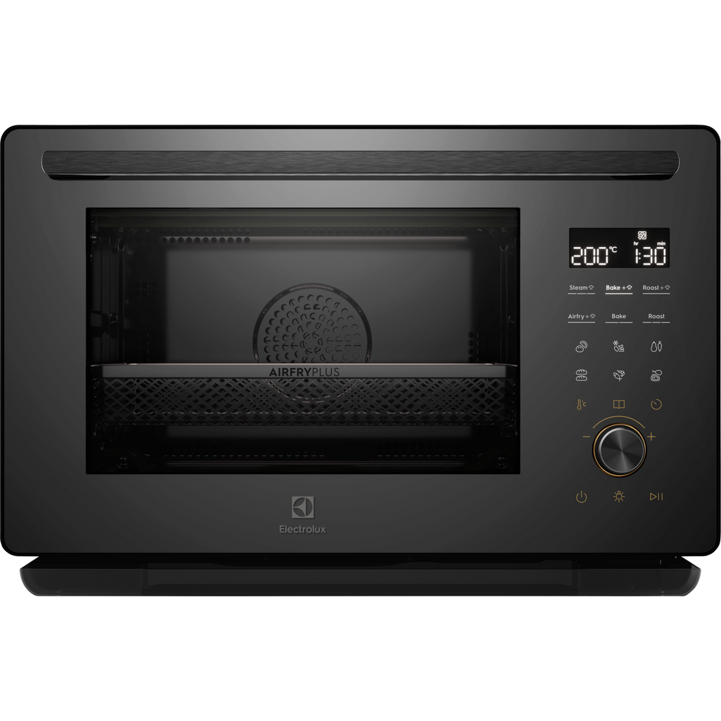 Electrolux EOS26T24BM 50 cm UltimateTaste 900 freestanding electric oven, 26 L, in black glass, front view with the door closed