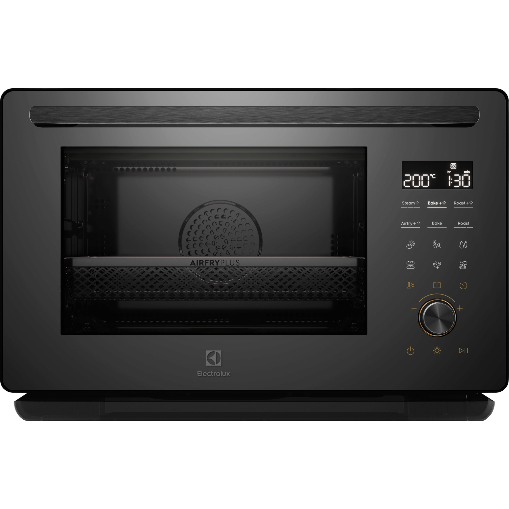 Electrolux EOS26T24BM 50 cm UltimateTaste 900 freestanding electric oven, 26 L, in black glass, front view with the door closed