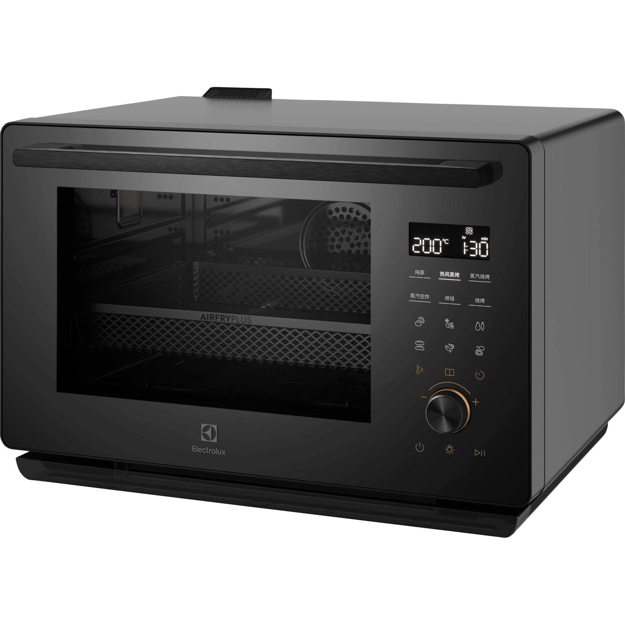 Electrolux EOS26T24BM 50 cm UltimateTaste 900 freestanding electric oven, 26 L, in black glass, angled front-right view