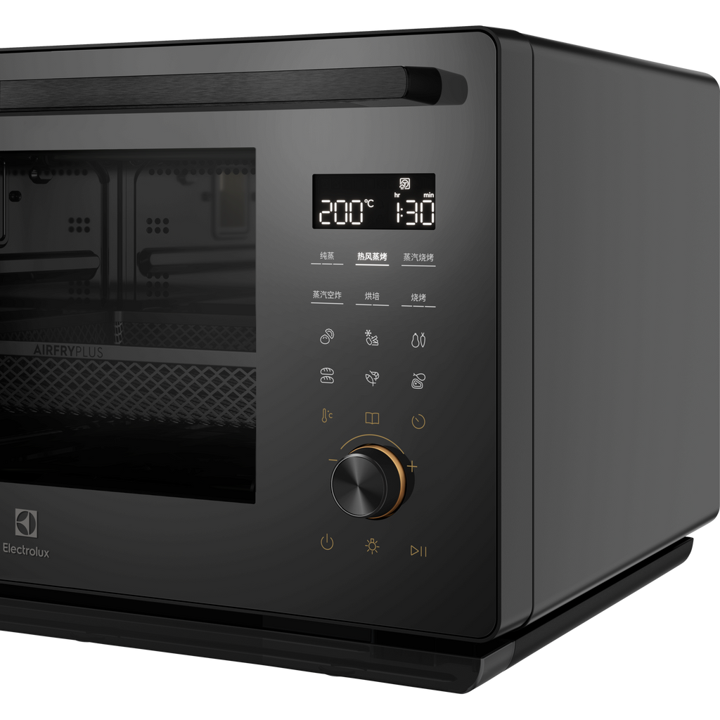 Electrolux EOS26T24BM 50 cm UltimateTaste 900 freestanding electric oven, 26 L, close-up of the touch control panel, display and rotary dial