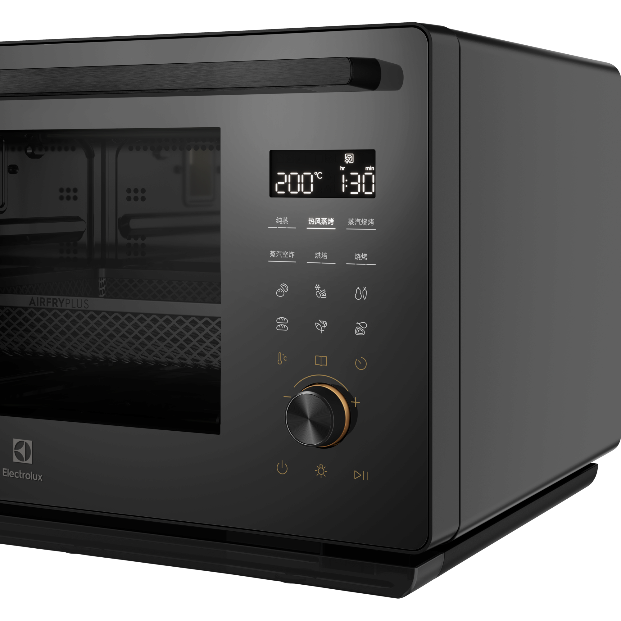 Electrolux EOS26T24BM 50 cm UltimateTaste 900 freestanding electric oven, 26 L, close-up of the touch control panel, display and rotary dial
