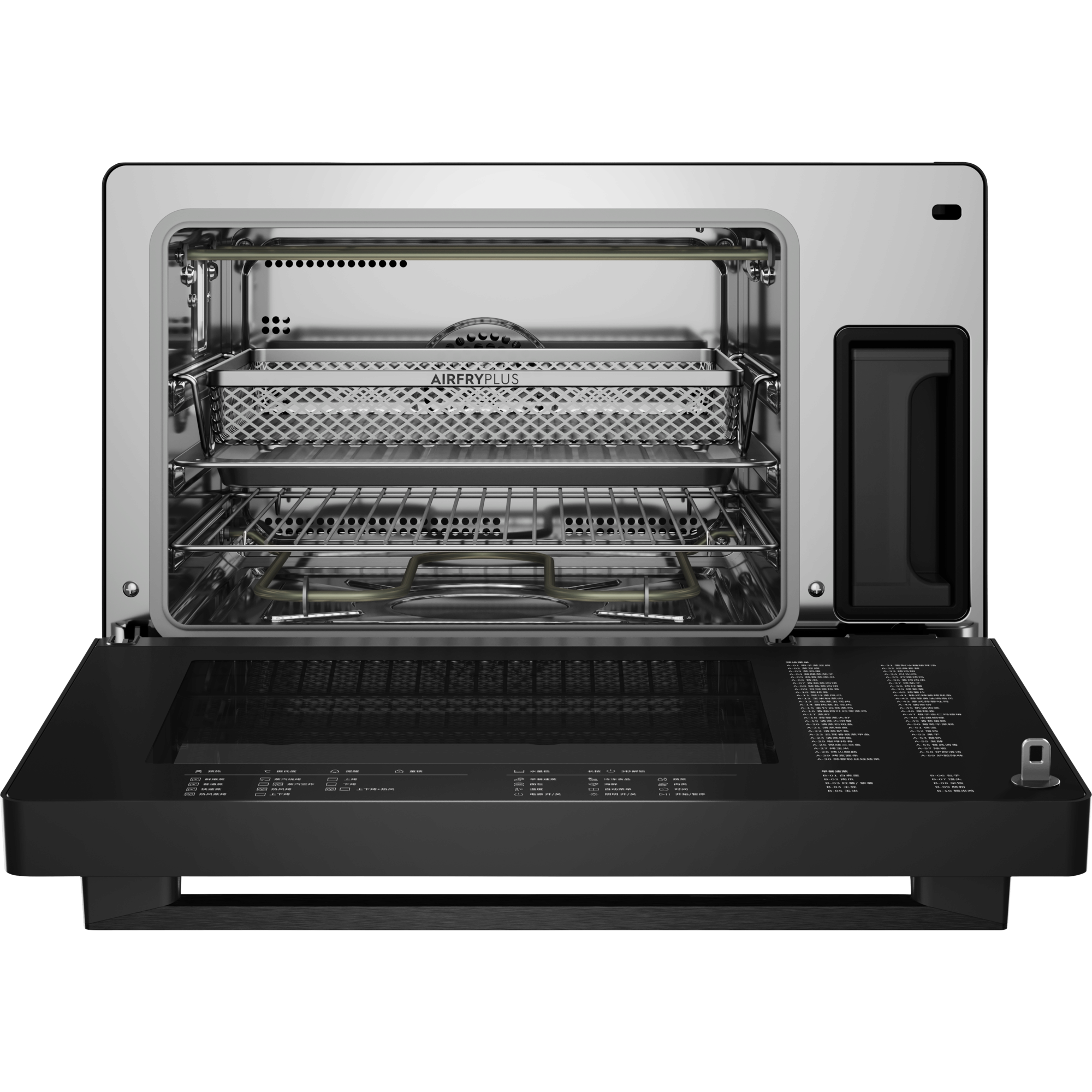 Electrolux EOS26T24BM 50 cm UltimateTaste 900 freestanding electric oven, 26 L, door open showing the stainless steel cavity, AirFry Plus basket, wire rack and water tank