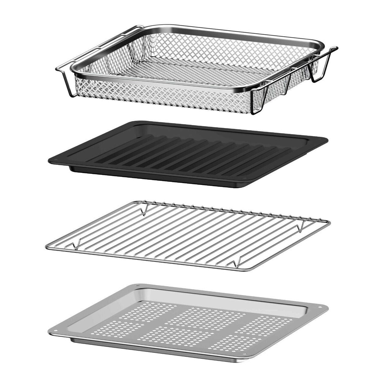 Electrolux EOS26T24BM 50 cm UltimateTaste 900 freestanding electric oven, 26 L, the four supplied accessories shown stacked: AirFry Plus mesh basket, grill pan, wire rack and perforated steam tray