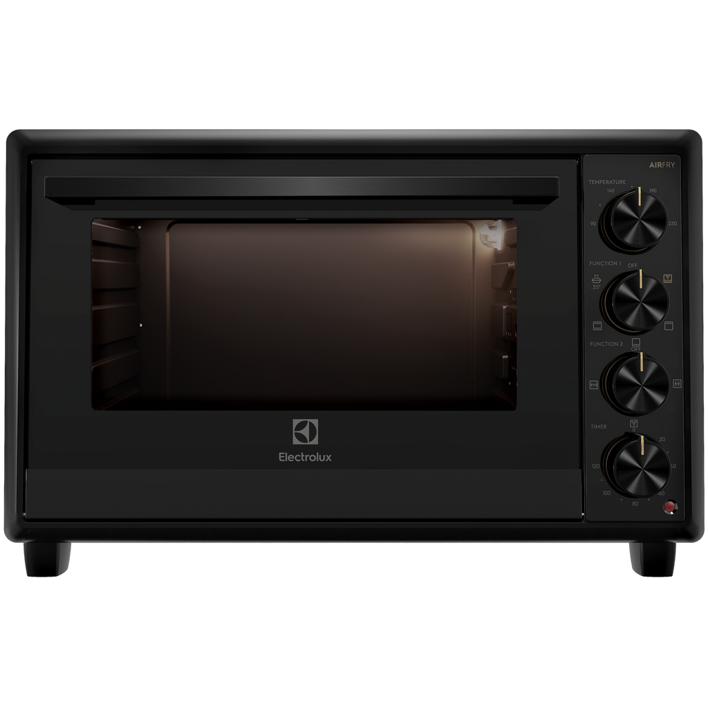 Electrolux EOT5622XFG UltimateTaste 700 freestanding electric oven, 56 L, in black, front view with the door closed and four control knobs on the right