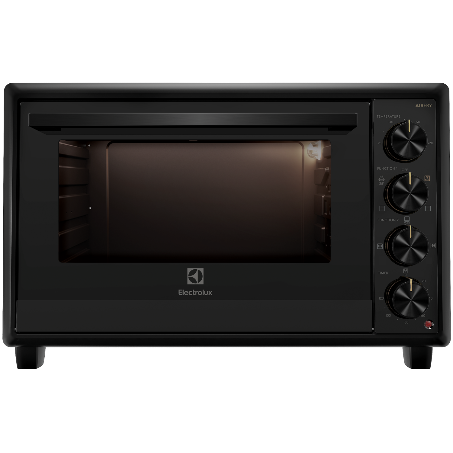 Electrolux EOT5622XFG UltimateTaste 700 freestanding electric oven, 56 L, in black, front view with the door closed and four control knobs on the right