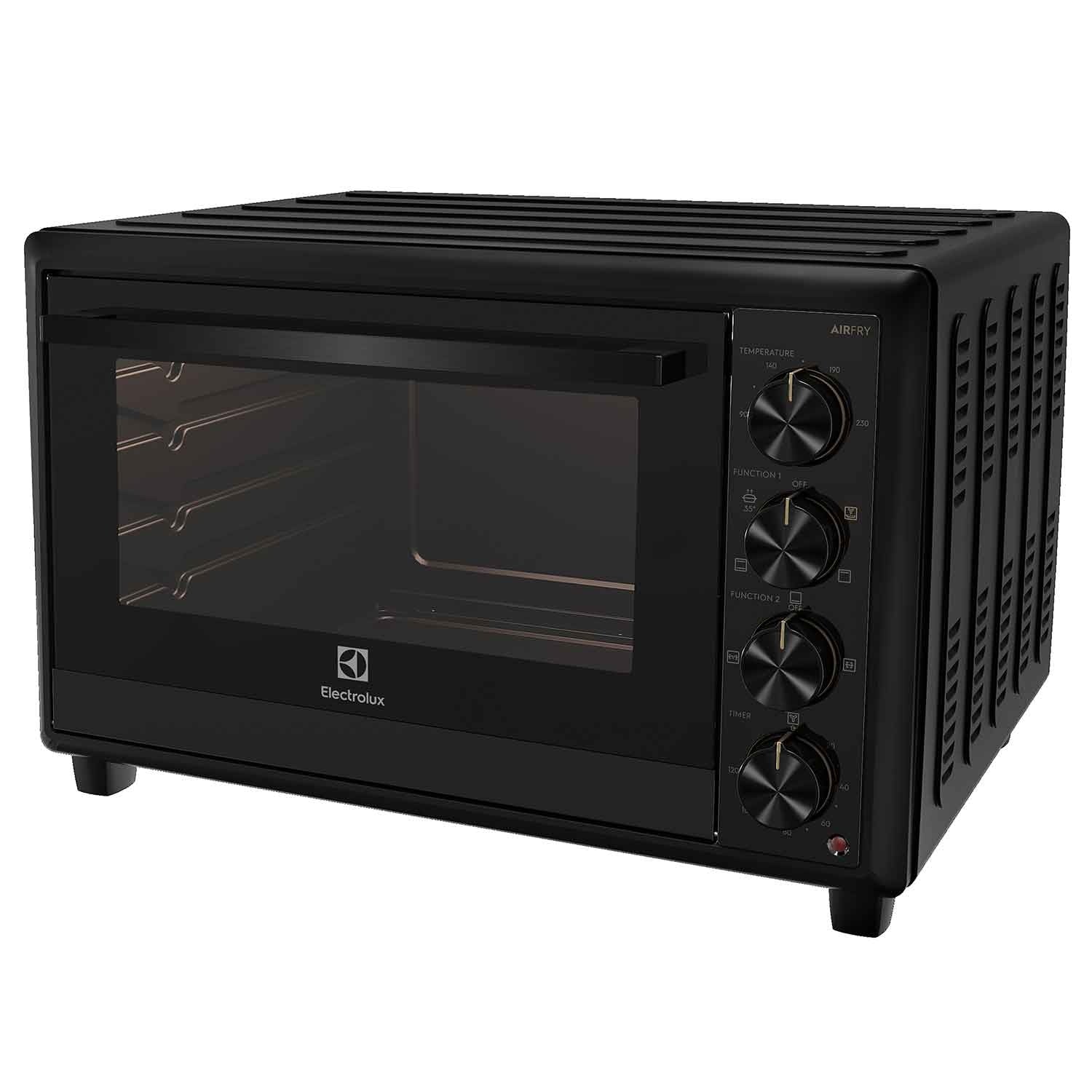 Electrolux EOT5622XFG UltimateTaste 700 freestanding electric oven, 56 L, in black, angled front-right view showing the side ventilation slots