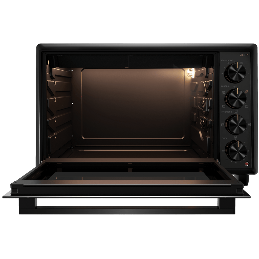Electrolux EOT5622XFG UltimateTaste 700 freestanding electric oven, 56 L, door open showing the empty lit cavity and four shelf positions