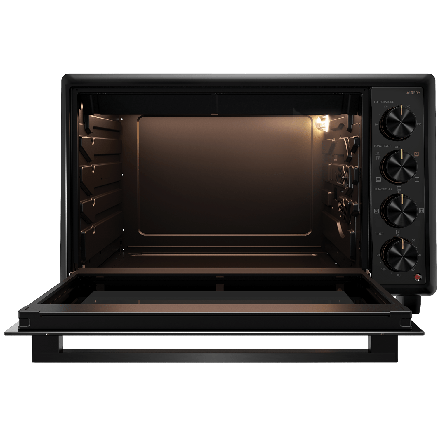 Electrolux EOT5622XFG UltimateTaste 700 freestanding electric oven, 56 L, door open showing the empty lit cavity and four shelf positions