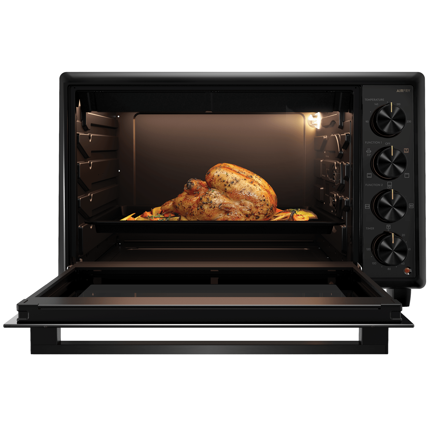 Electrolux EOT5622XFG UltimateTaste 700 freestanding electric oven, 56 L, door open with a roast chicken and vegetables on the baking tray inside