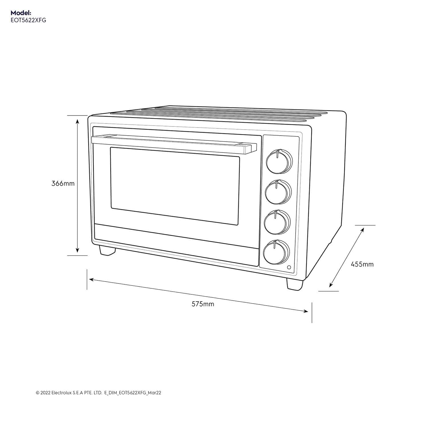 Electrolux EOT5622XFG UltimateTaste 700 freestanding electric oven, 56 L, dimension diagram showing 575 mm wide, 366 mm high and 455 mm deep