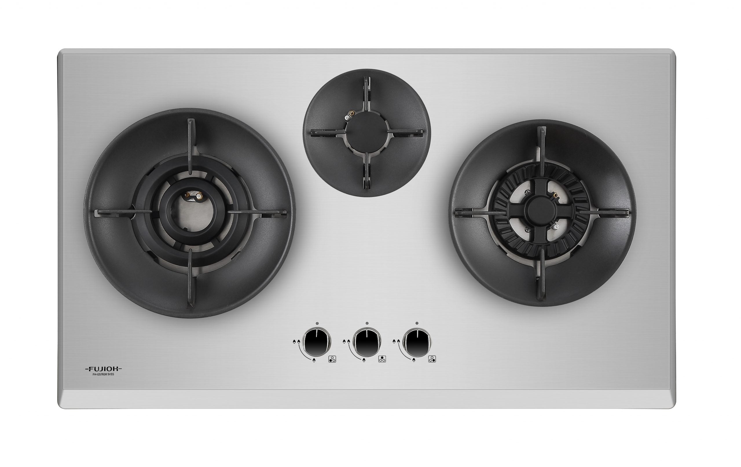 Fujioh FH-GS7030 SVSS three-burner gas hob in stainless steel with a double inner flame burner, 860 mm wide