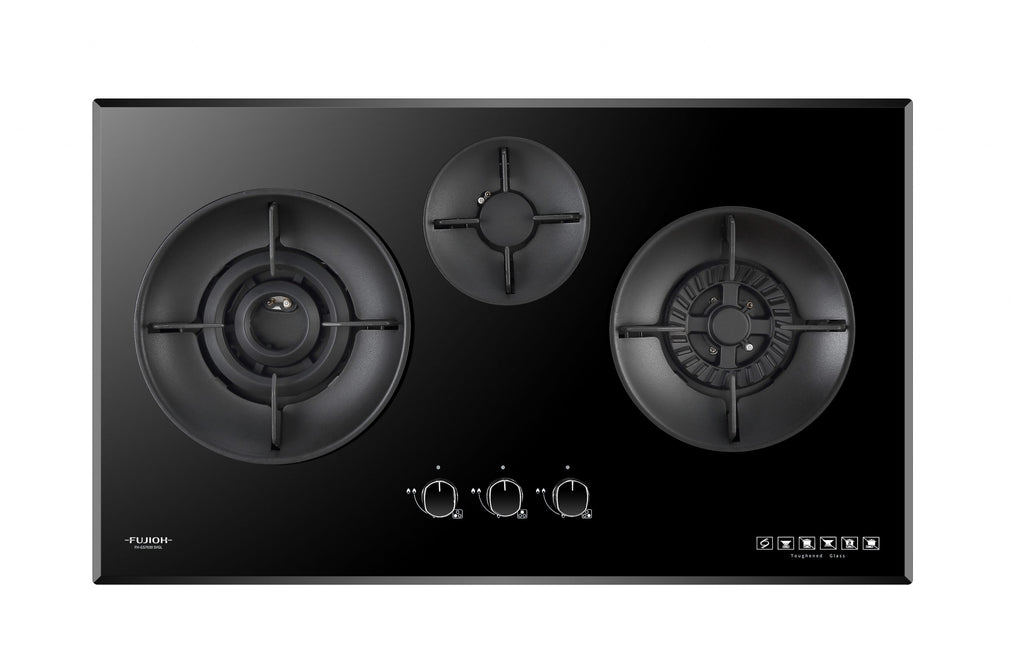 Fujioh FH-GS7030 SVGL three-burner gas hob in glass with a double inner flame burner, 880 mm wide