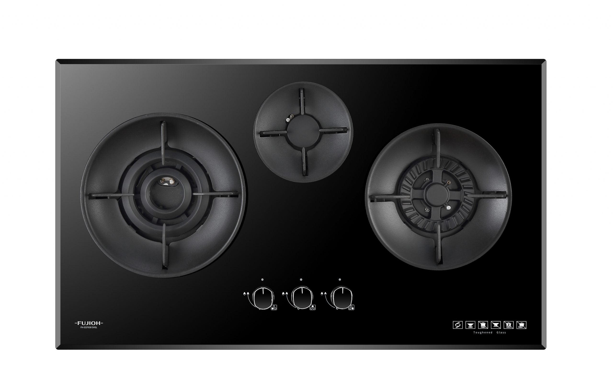 Fujioh FH-GS7030 SVGL three-burner gas hob in glass with a double inner flame burner, 880 mm wide