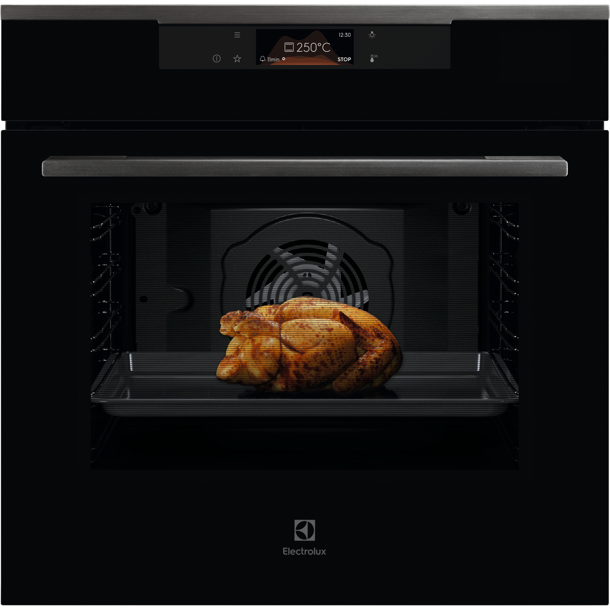 Electrolux KOFBC38H 60 cm 500 SurroundCook built-in single oven, 72 L, black glass front view with a roast chicken on a tray in the lit cavity