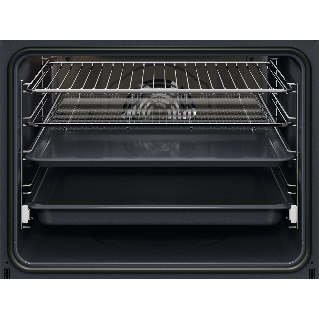 Electrolux KOFBC38H 60 cm 500 SurroundCook built-in single oven, 72 L, interior view with wire shelf, mesh grill tray and two baking trays fitted on the side runners