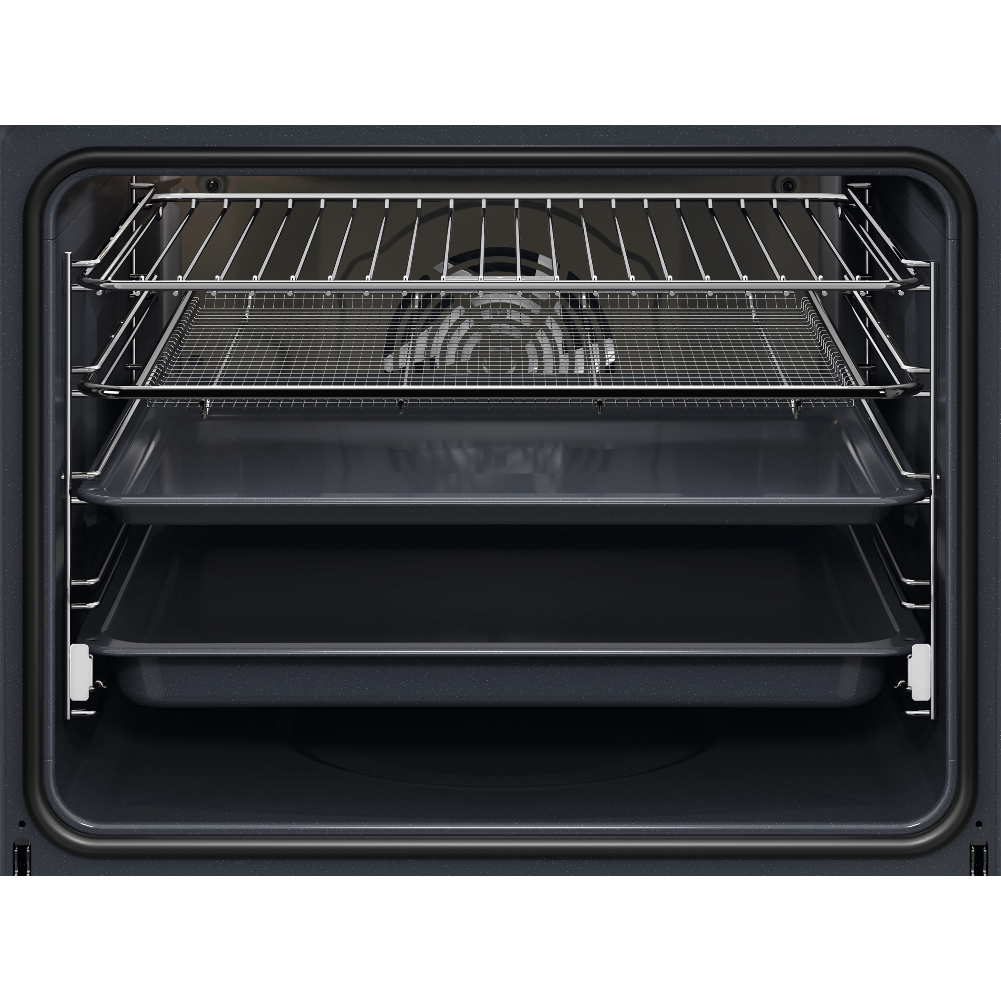 Electrolux KOFBC38H 60 cm 500 SurroundCook built-in single oven, 72 L, interior view with wire shelf, mesh grill tray and two baking trays fitted on the side runners