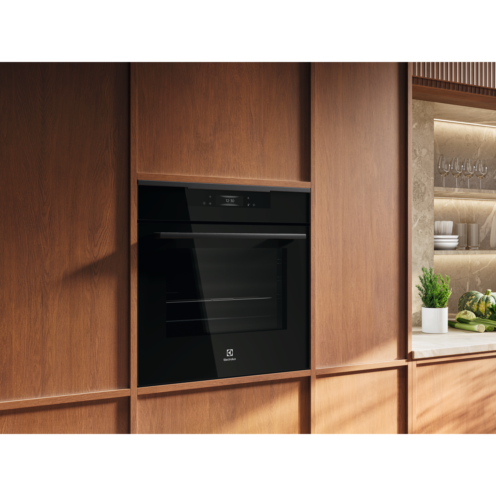 Electrolux KOFBC38H 60 cm 500 SurroundCook built-in single oven, 72 L, installed in a timber kitchen cabinet, angled room view