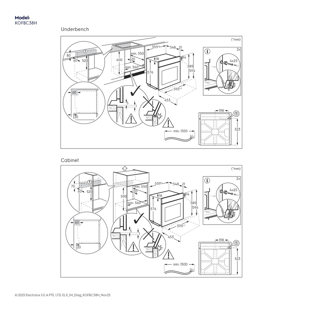 Electrolux KOFBC38H 60 cm 500 SurroundCook built-in single oven, 72 L, installation dimension diagram for underbench and cabinet fitting