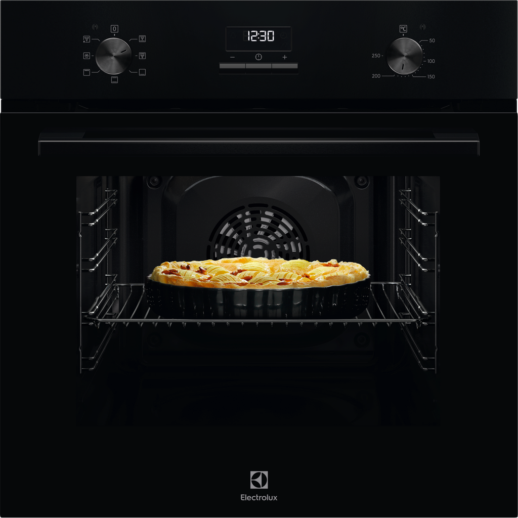 Electrolux KOHGE00BK 60 cm 300 Series built-in single oven, 65 L, black front view with an apple tart baking on the shelf inside the lit cavity