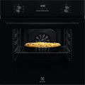 Electrolux KOHGE00BK 60 cm 300 Series built-in single oven, 65 L, black front view with an apple tart baking on the shelf inside the lit cavity