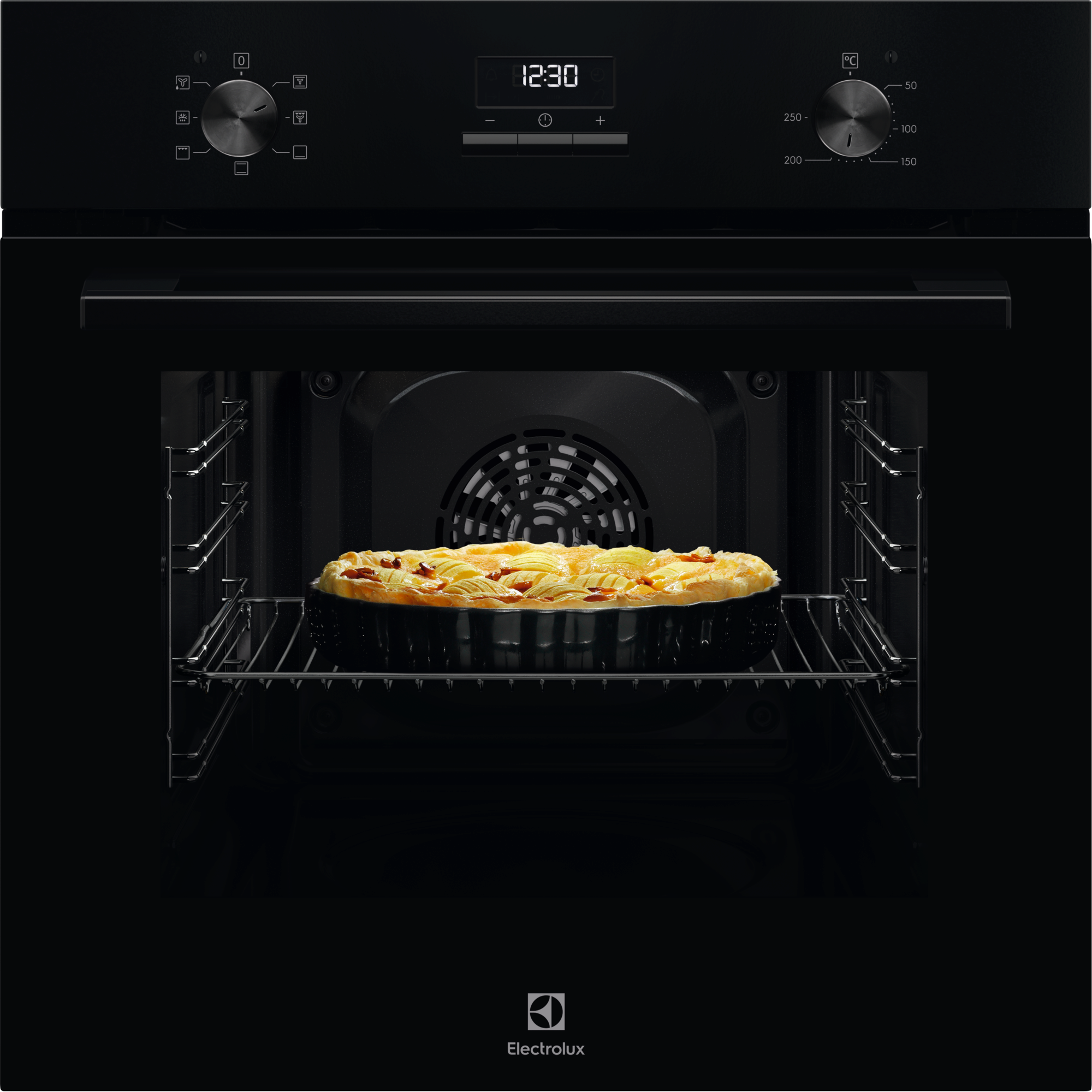 Electrolux KOHGE00BK 60 cm 300 Series built-in single oven, 65 L, black front view with an apple tart baking on the shelf inside the lit cavity