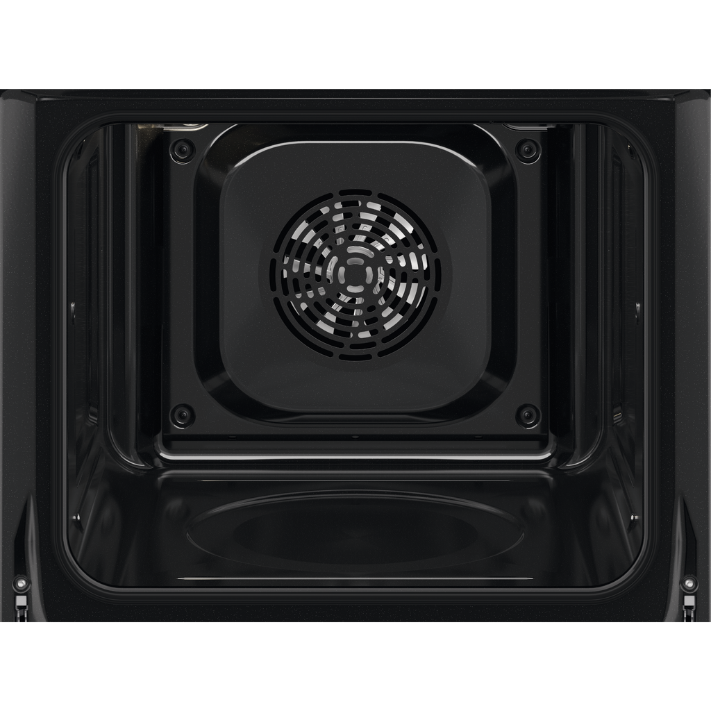 Electrolux KOHGE00BK 60 cm 300 Series built-in single oven, 65 L, interior view of the empty black enamel cavity showing the rear fan cover