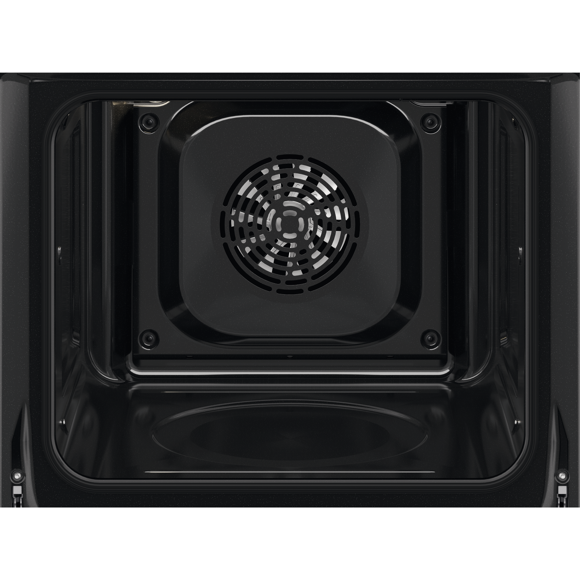 Electrolux KOHGE00BK 60 cm 300 Series built-in single oven, 65 L, interior view of the empty black enamel cavity showing the rear fan cover