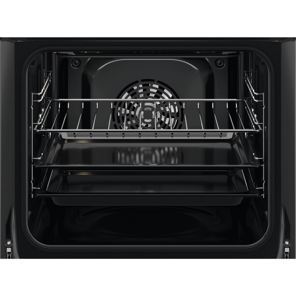 Electrolux KOHGE00BK 60 cm 300 Series built-in single oven, 65 L, interior view with wire shelf and two baking trays fitted on the side runners