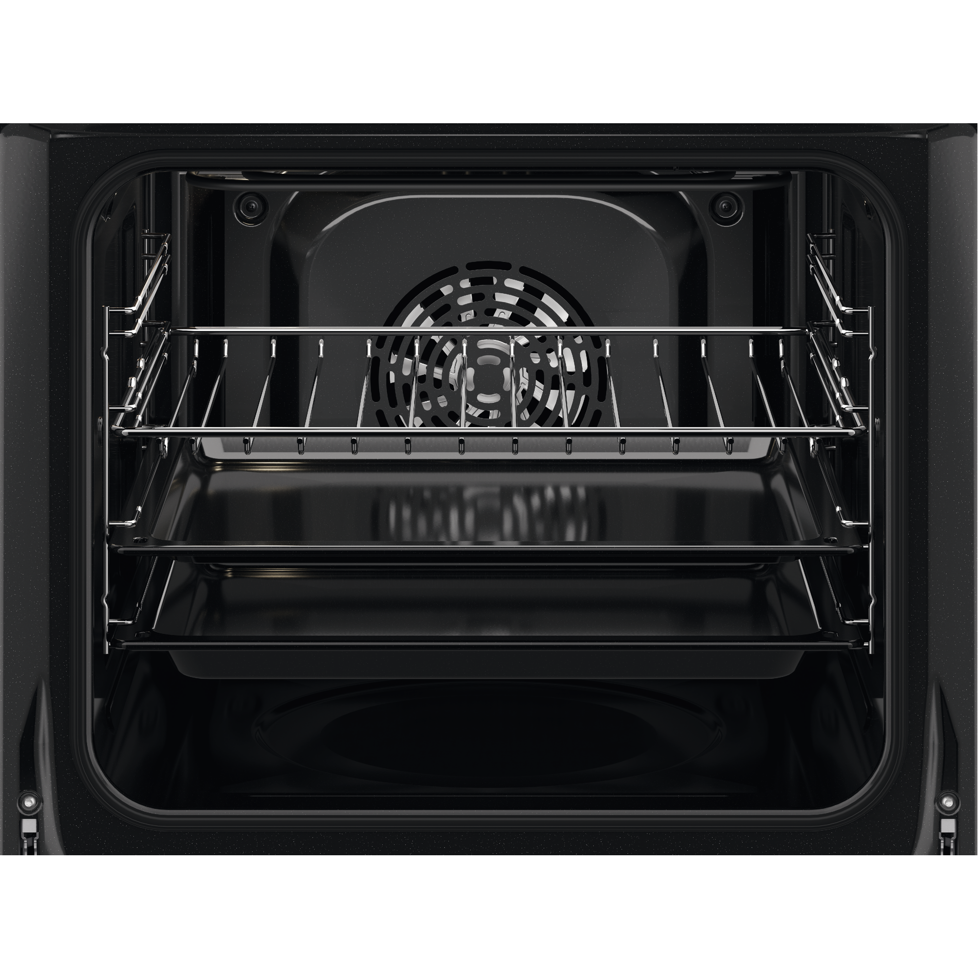 Electrolux KOHGE00BK 60 cm 300 Series built-in single oven, 65 L, interior view with wire shelf and two baking trays fitted on the side runners