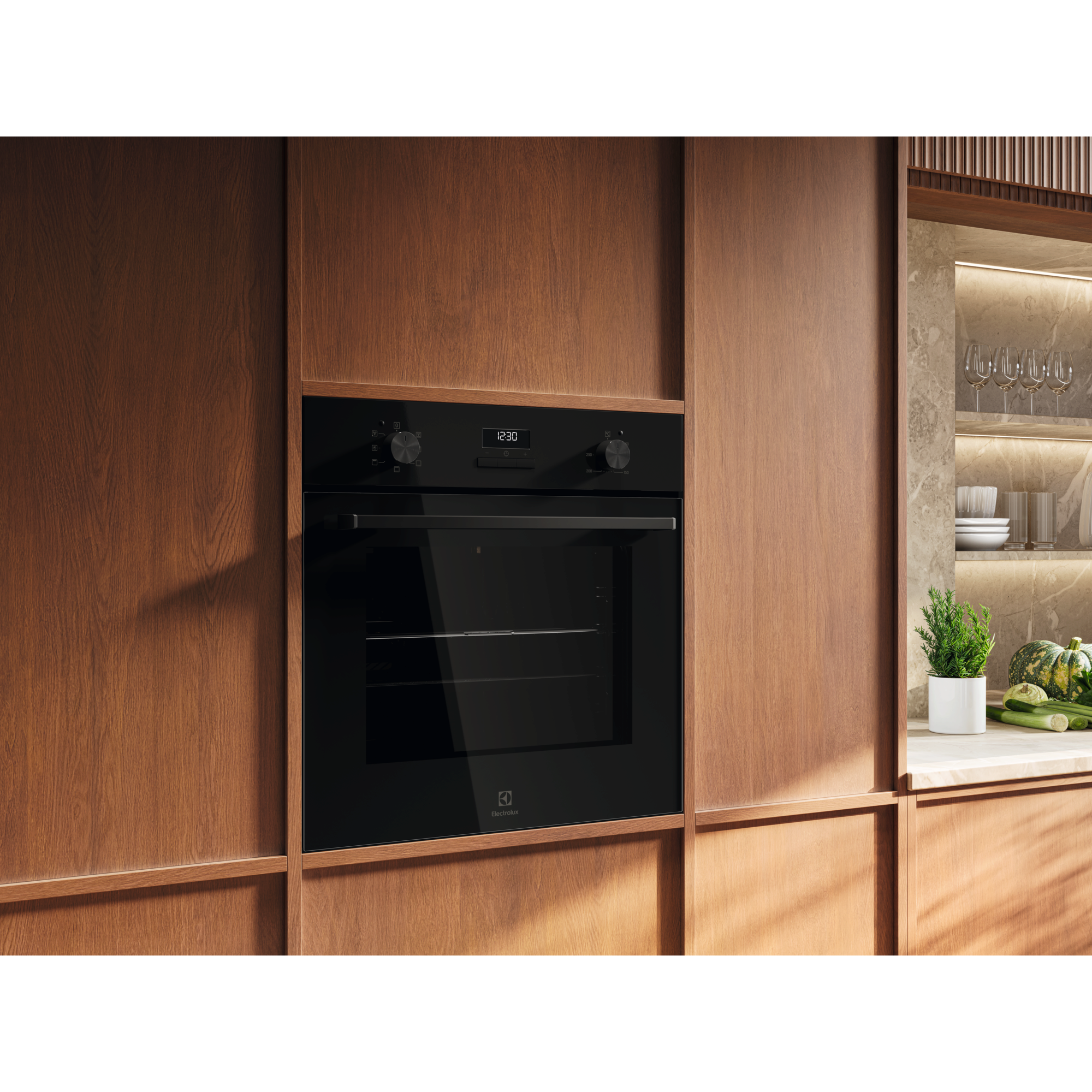 Electrolux KOHGE00BK 60 cm 300 Series built-in single oven, 65 L, installed in a timber kitchen cabinet, angled room view