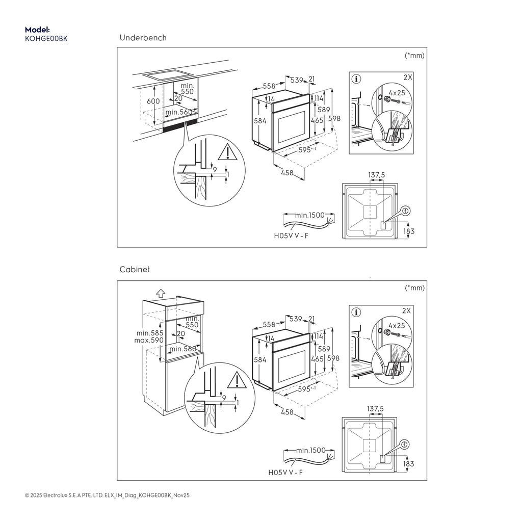 Electrolux KOHGE00BK 60 cm 300 Series built-in single oven, 65 L, installation dimension diagram for underbench and cabinet fitting