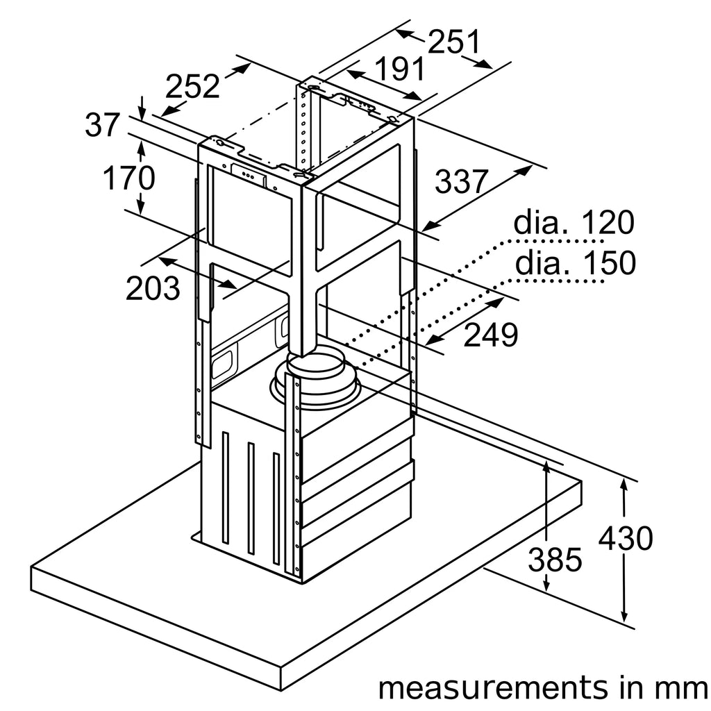 Bosch DIB97IM50M island cooker hood dimension drawing