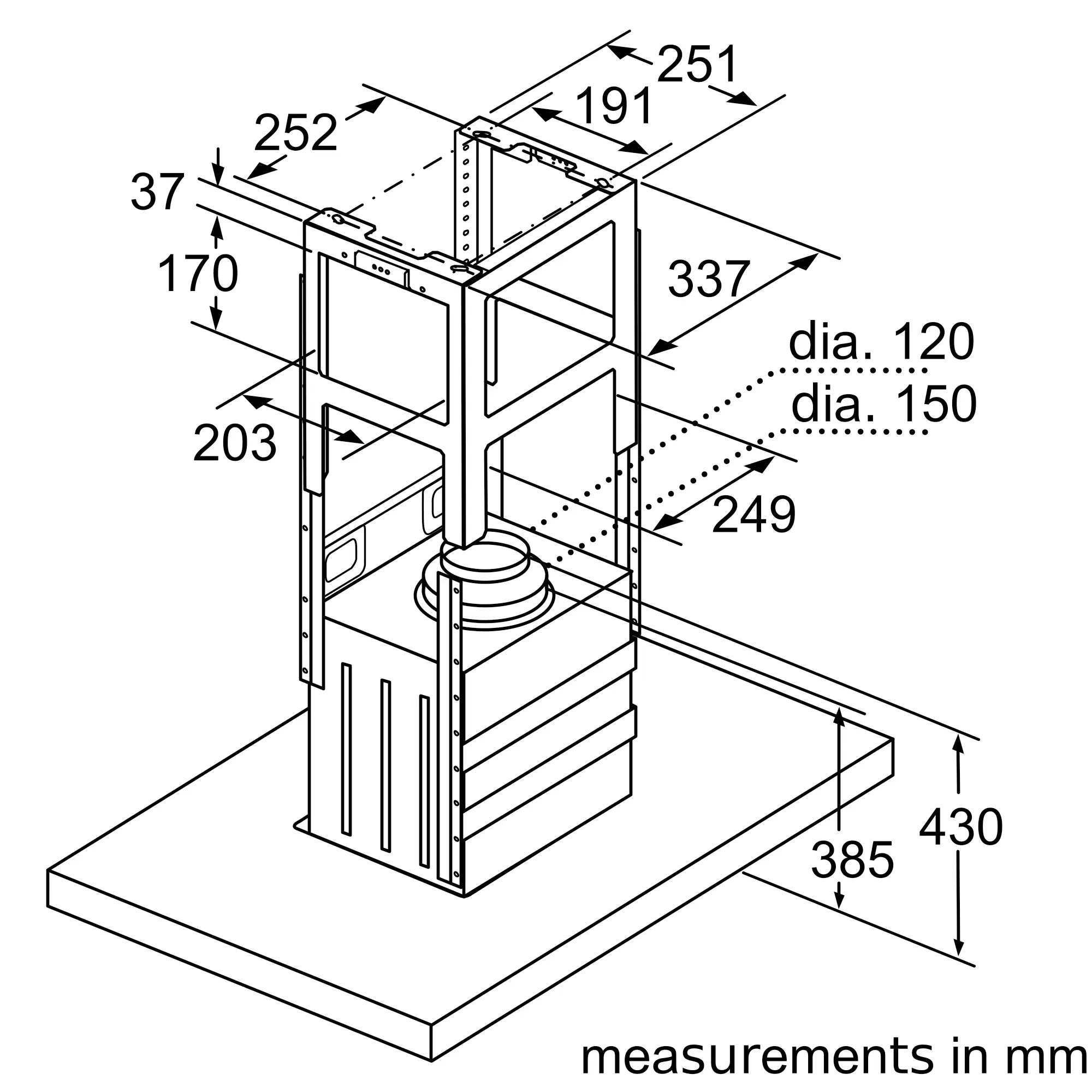 Bosch DIB97IM50M island cooker hood dimension drawing