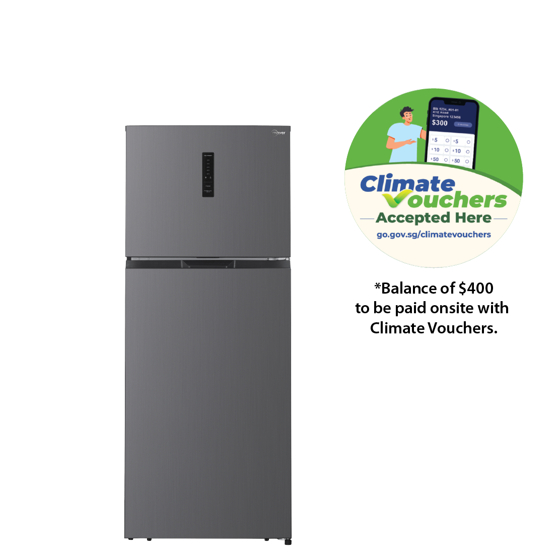 Mayer MMFT400MG two-door frost free top mount freezer refrigerator, 415 litres