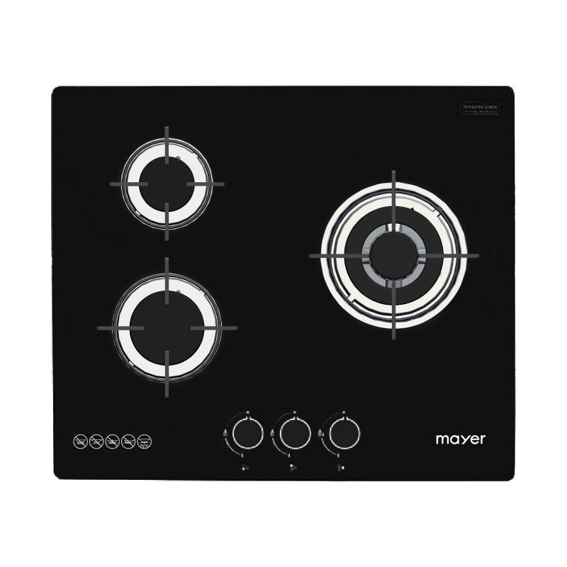 Mayer MMGH633HI three-burner glass gas hob, LPG, 600 mm wide
