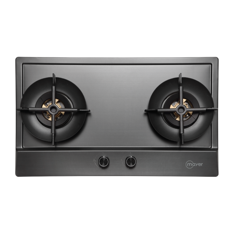 Mayer MMSS7721HI two-burner stainless steel gas hob in gun metal, Town Gas, 760 mm wide