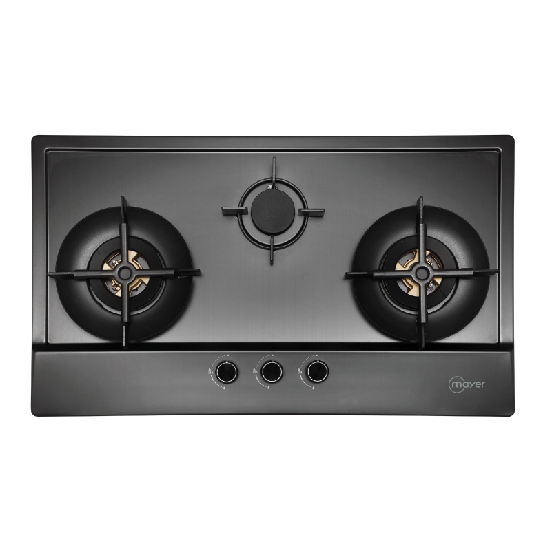 Mayer MMSS8831HI-GM three-burner stainless steel gas hob in gun metal, LPG, 860 mm wide