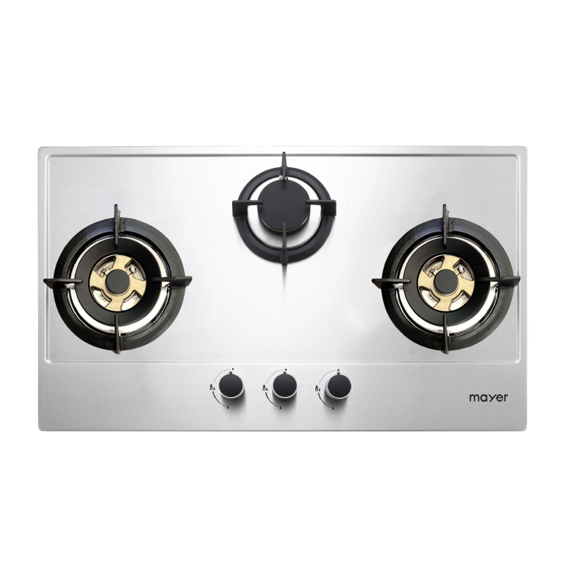 Mayer MMSS883HI three-burner stainless steel gas hob, Town Gas, 860 mm wide